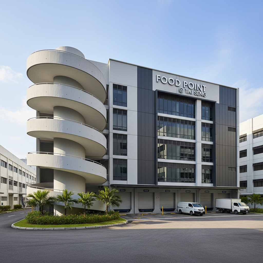 A clean, contemporary exterior view of Food Point @ Tai Seng, a freehold industrial property in Singapore, captured in photographic realism. The building’s modern light-grey concrete façade is accented with dark metal panels and large windows, with a clearly visible ramp-up driveway spiraling along one side for efficient vehicular access. The foreground shows a neat driveway and loading bays, with landscaped greenery at the perimeter. Late-morning natural sunlight creates crisp highlights on the façade and soft shadows on the ramp, emphasizing the building’s geometry. Shot from a slightly elevated street-level angle with sharp focus throughout, using a balanced, professional composition that showcases the full frontage and ramp-up feature within its urban industrial surroundings.