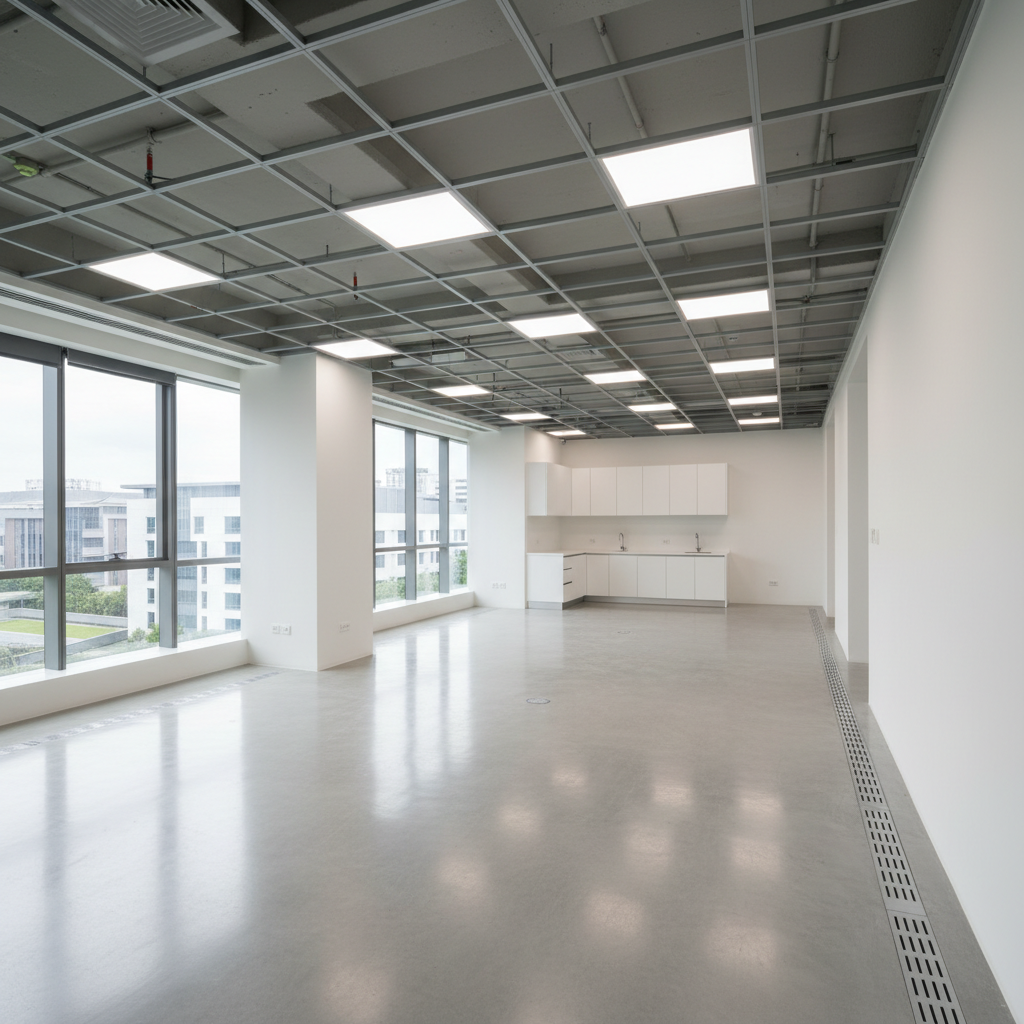 A professional, open-plan B1 industrial unit inside Food Point @ Tai Seng, configured for flexible commercial use, in realistic photographic style. The space has polished light-grey concrete flooring, smooth white-painted walls, and a grid of exposed ceiling beams with suspended LED panel lights. Along one side, full-height windows provide views of the surrounding Tai Seng industrial precinct and flood the room with diffused daylight. The far end shows a pantry corner with built-in cabinetry and a stainless-steel sink, while discreet floor trunking hints at data and power infrastructure. The camera is positioned slightly elevated at the rear, using a wide angle to capture the breadth of the unit and its column-free feel. The mood is modern, efficient, and adaptable, emphasizing a clean, corporate-ready atmosphere.