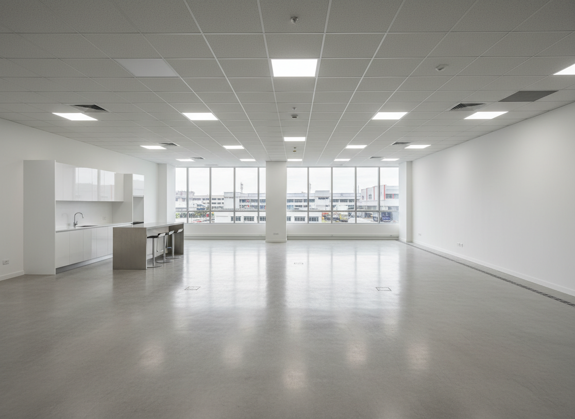 A professional, open-plan B1 industrial unit inside Food Point @ Tai Seng, configured for flexible commercial use, in realistic photographic style. The space has polished light-grey concrete flooring, smooth white-painted walls, and a grid of exposed ceiling beams with suspended LED panel lights. Along one side, full-height windows provide views of the surrounding Tai Seng industrial precinct and flood the room with diffused daylight. The far end shows a pantry corner with built-in cabinetry and a stainless-steel sink, while discreet floor trunking hints at data and power infrastructure. The camera is positioned slightly elevated at the rear, using a wide angle to capture the breadth of the unit and its column-free feel. The mood is modern, efficient, and adaptable, emphasizing a clean, corporate-ready atmosphere.