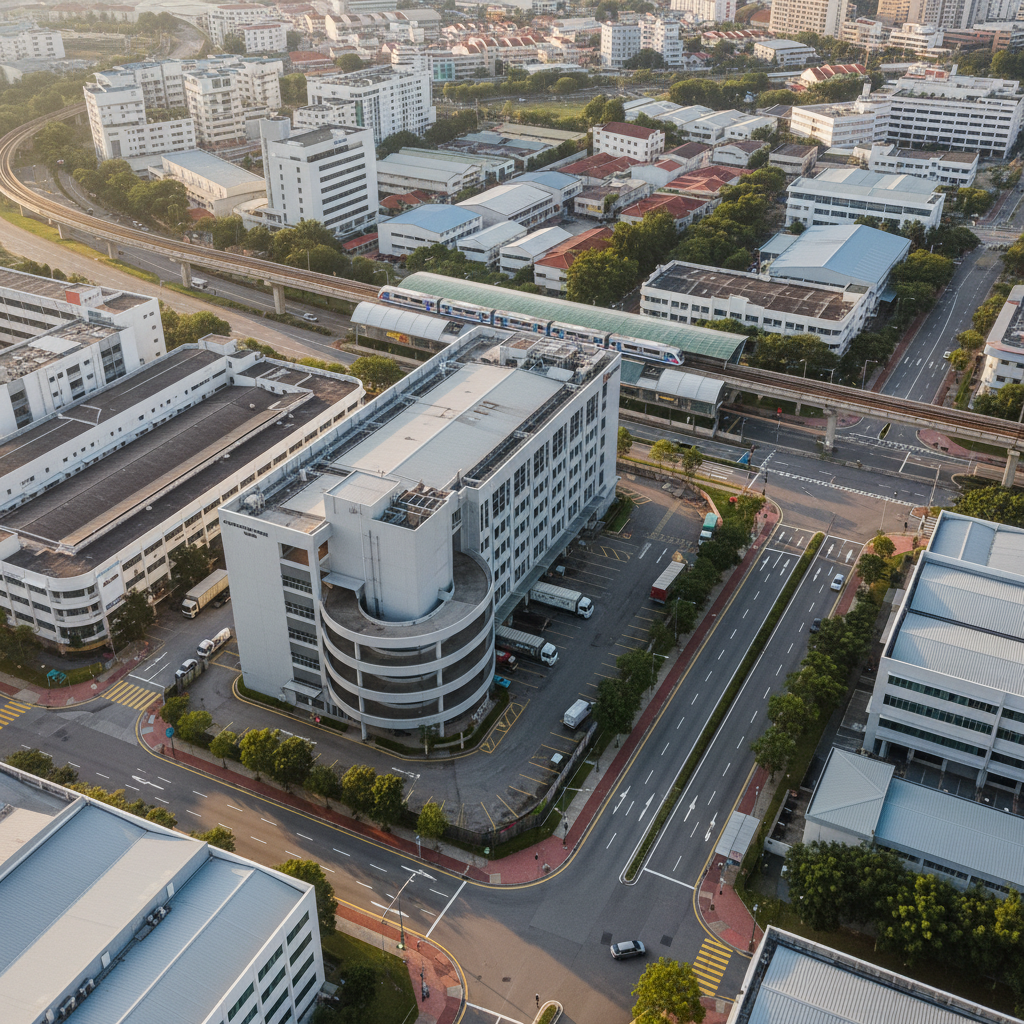 A contextual aerial view situating Food Point @ Tai Seng within its Singapore urban environment, in precise photographic realism. The property stands out as a modern light-grey industrial building with a visible ramp-up driveway and loading areas, surrounded by a mix of similar low- to mid-rise industrial blocks. In the mid-distance, an overhead MRT viaduct and station platforms representing Tai Seng MRT are clearly distinguishable, connected by well-marked roads and pedestrian pathways. Soft, late-afternoon sunlight casts gentle shadows that reveal building volumes and street patterns without obscuring detail. Captured from a high oblique aerial angle with sharp focus, the composition balances the prominence of Food Point @ Tai Seng with surrounding infrastructure, conveying excellent connectivity and locational advantages for industrial, food, and commercial users.