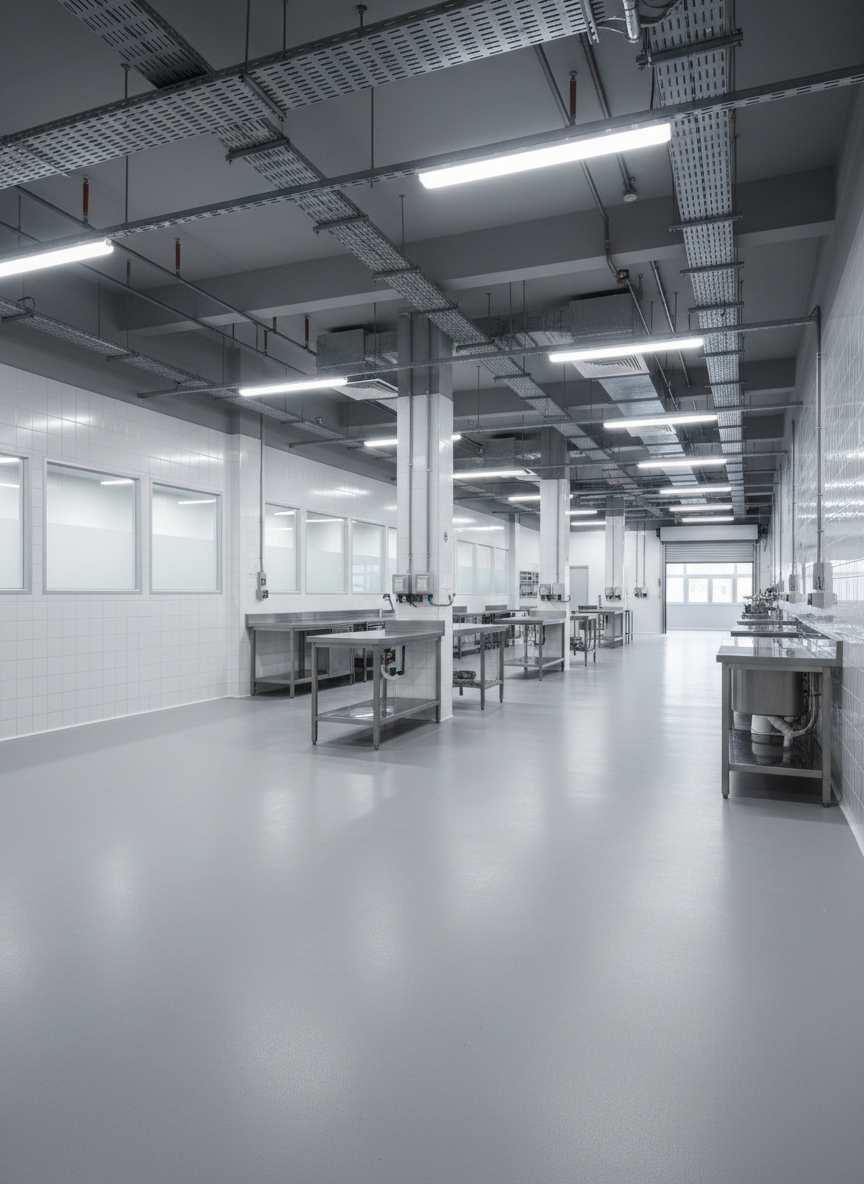 A bright, food-ready production space within Food Point @ Tai Seng, designed for B1 industrial and food use, rendered in clean photographic realism. The interior features high ceilings, smooth light-grey epoxy flooring, white tiled walls in critical areas, and stainless-steel preparation counters. Exposed overhead services and ample power points line the ceiling and walls. Large, rectangular windows along one side admit abundant natural daylight, supplemented by evenly spaced LED strip lighting that casts minimal shadows. The mood is hygienic, efficient, and professional. Captured at eye level with a wide-angle lens to show the full depth of the unit, from loading access doors at one end to preparation areas at the other, with a crisp, uncluttered composition ideal for marketing an industrial food facility.